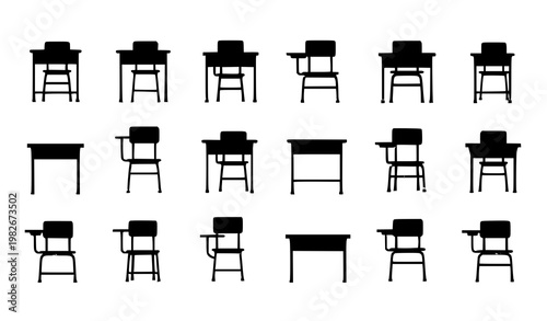 School chairs and desks vector set in flat design with classroom furniture collection isolated on white