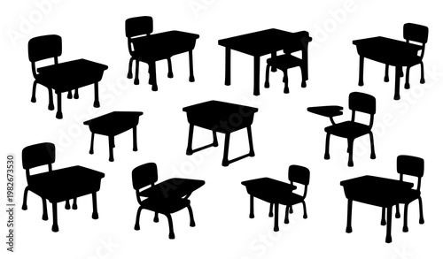 Cartoon school chairs and desks vector with colorful classroom furniture for kids isolated on white