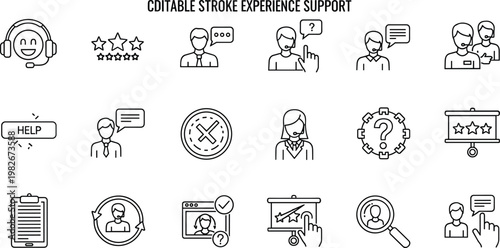 Customer experience support service helpdesk communication feedback rating assistance outline editable stroke vector icon set for customer care interface design