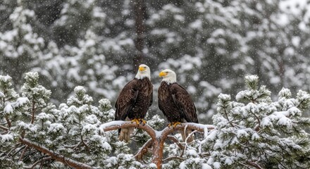 Two majestic bald eagles perched on a snow-covered branch amidst a wintery forest scene