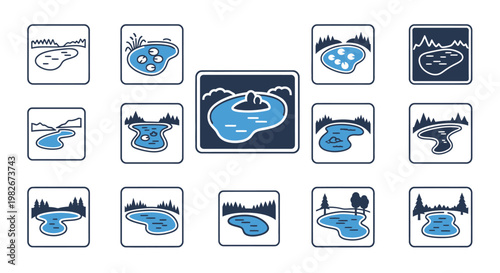 Set of stylized icons depicting various water bodies and landscapes