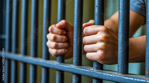 Hands gripping prison bars concept of crime punishment and imprisonment  