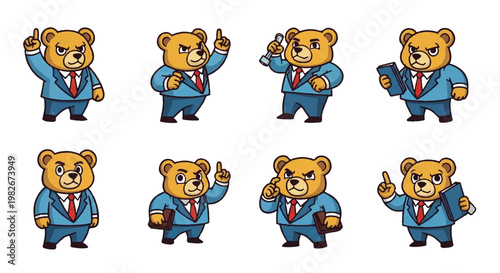Cartoon bear character in business attire with various gestures isolated set