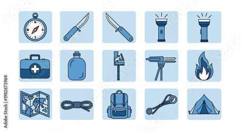 Camping and Hiking Gear Icons: Compass, Tent, Backpack, First Aid, Fire, Map