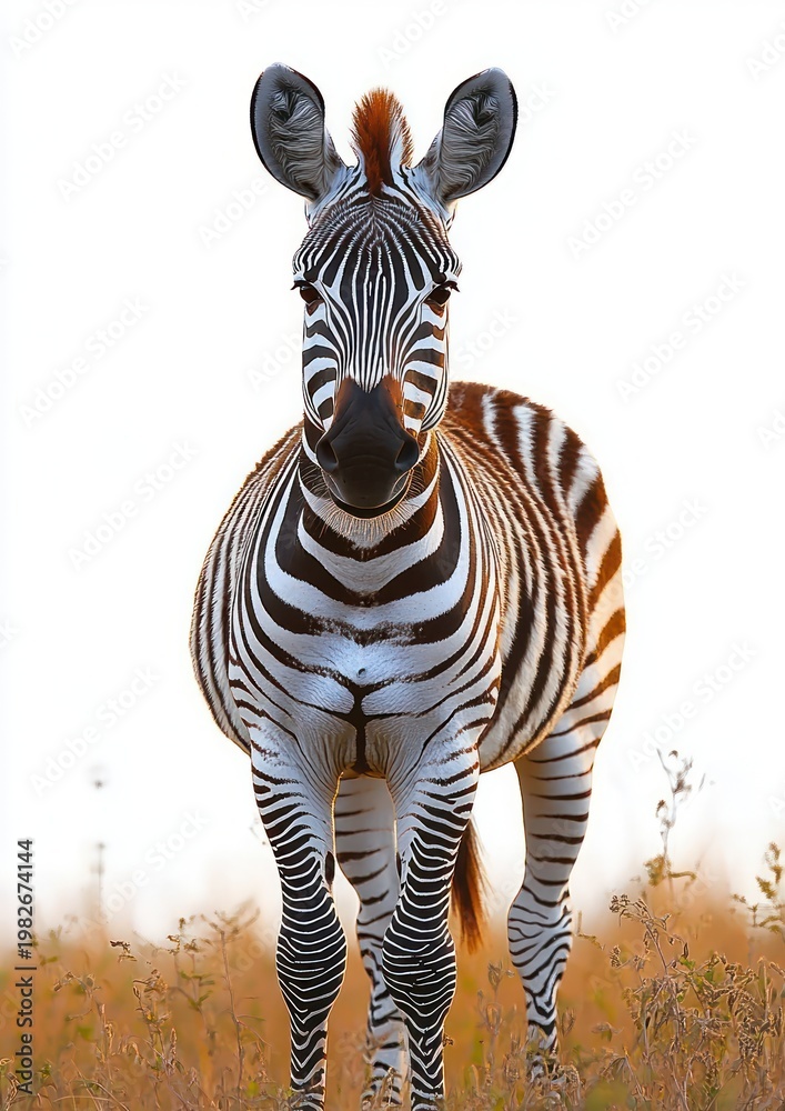 Fototapeta premium Curious zebra standing in dry grass, facing camera with bold black and white stripes and a calm, alert expression in warm backlit light