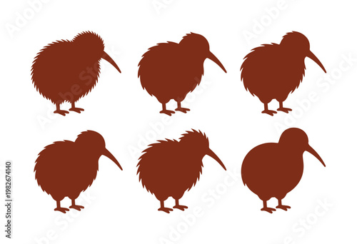 Six brown kiwi bird vector illustrations, a collection of flightless New Zealand native birds, perfect for wildlife conservation and nature-themed designs.
