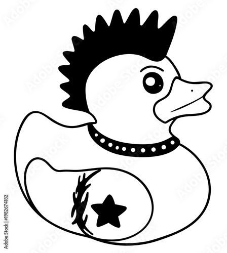 Punk Rock Rubber Duck Bath Toy with Mohawk Hairstyle, Studded Collar and Rebel Star Tattoo