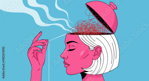 Surreal pop art illustration of a woman with an open head, tangled red yarn brain and steam, mental health and psychological stress concept vector