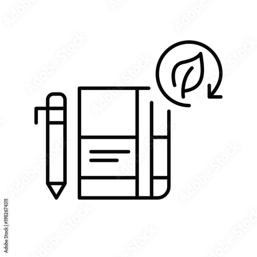Daily planner, pen, leaf and renew arrow. Sustainable notebooks and lifestyle. Pixel perfect, editable stroke vector icon