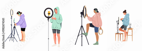 Collection of Young Female Content Creators Setting Up Professional Ring Lights and Smartphones for Social Media Streaming and Vlogging