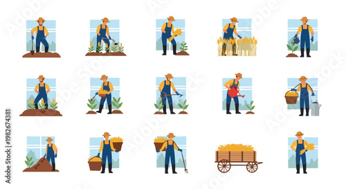 Farmer Working in Field: Planting, Watering, Harvesting