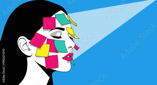 Pop art woman with sticky notes on face, mental health and productivity concept vector, overwhelmed female profile with colorful reminder notes