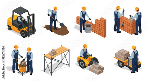 Construction Workers and Equipment, Isometric View
