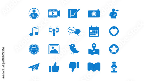 Blue icons representing video, audio, and media elements. Perfect for content creation and entertainment.