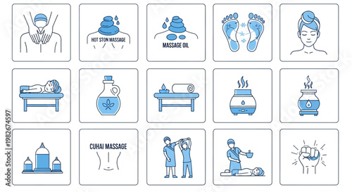 Spa and Wellness Icons: Massage, Reflexology, Aromatherapy, Beauty