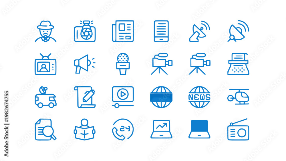 Obraz premium Flat icons showing office devices, tools, and workspace elements. Suitable for business and productivity themes.