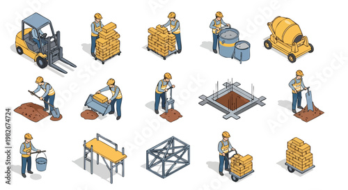 Construction workers and equipment, isometric view. Building process.