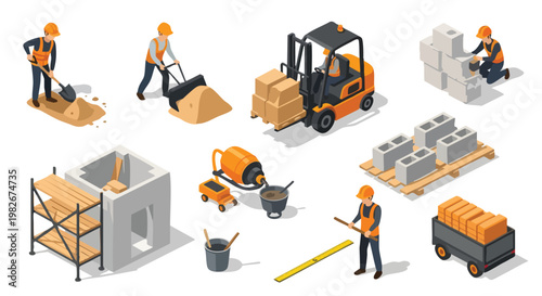 Construction Site Isometric. Workers and Equipment. Building Process.