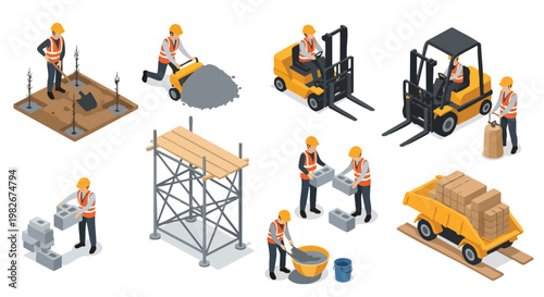 Construction Site. Building Process. Isometric Illustration. Vector Graphics. Work Elements.