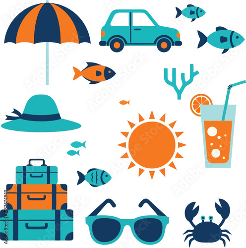 Summer vacation travel beach holiday getaway concept with accessories and vehicle