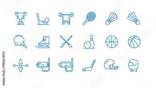 Blue icons representing games, recreation, and sports equipment. Ideal for leisure and activity designs.
