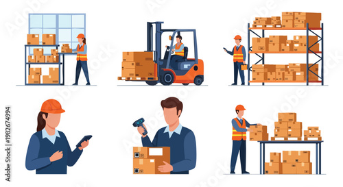 Warehouse Logistics: Forklift, Shelves, Boxes, Workers. Flat Design.