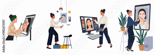 Illustrations of female photo retouchers and digital artists working on portrait editing using professional tablets and computers in a creative studio environment.
