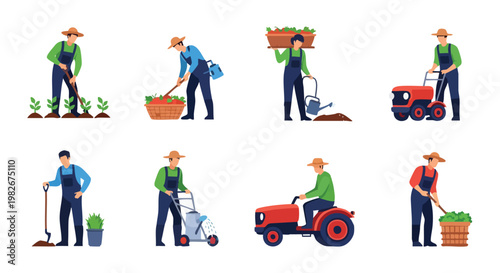Farmers Working in Garden. Agriculture Icons. Set of Gardeners. Vector.
