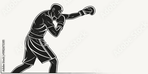 Minimalist black and white vector illustration of a professional boxer throwing a straight punch with training fighting competition illustration isolated strength professional exercise