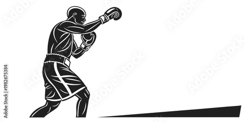 Graphic illustration of a boxer in a defensive stance wearing gloves in high contrast black and white with training fighting competition defensive illustration isolated strength exercise