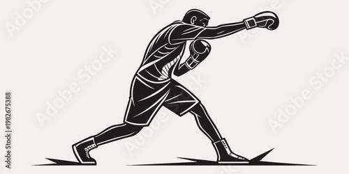 Minimalist black and white illustration of a professional boxer throwing a jab with self defense training movement exercise strength competition champion silhouette minimalist isolated