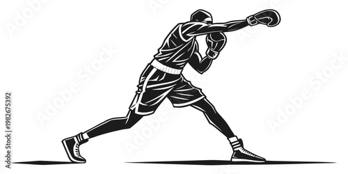 Full body dynamic vector illustration of a professional boxer throwing a punch in a training stance with training fighting competition illustration isolated strength professional exercise