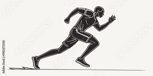 Minimalist graphic vector illustration of a male runner in mid-stride during a sprinting exercise with exercise training athletics silhouette illustration minimalism movement performance