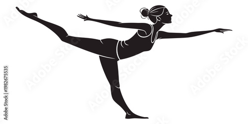 Silhouette of a woman performing a yoga dancer pose isolated on white background with silhouette stretching wellness exercise training lifestyle flexible activity strength practice