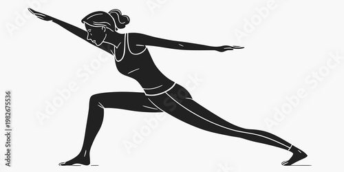 Minimalist graphic vector illustration of a woman practicing a lunge yoga pose with exercise training wellness stretching silhouette illustration minimalism movement flexibility