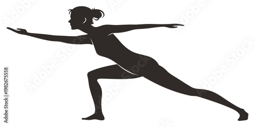 Silhouette of a woman practicing a yoga lunging pose isolated on white background with silhouette exercise wellness meditation stretching training lifestyle practice activity strength