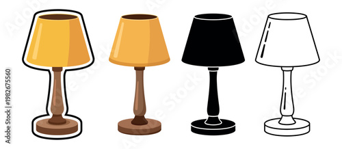 Table lamp vector illustration set featuring four styles flat cartoon sticker black silhouette and line art home decor interior design office lighting concept
