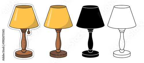 Table lamp vector illustration set featuring four styles flat cartoon sticker black silhouette and line art home decor interior design office lighting concept