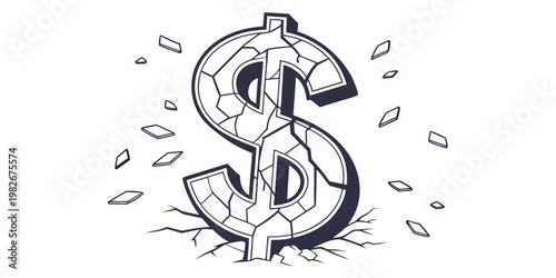 Shattered dollar currency sign crashing into a cracked floor surface with shattered currency financial business recession bankrupt investment inflation economic illustration isolated