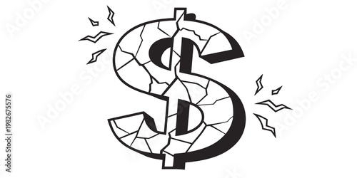 Broken us dollar currency symbol with cracks and fractures isolated fracture currency financial business recession bankrupt investment inflation economic illustration isolated