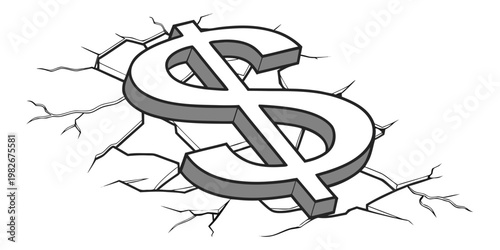 Us dollar currency symbol crashing through a cracked ground surface with financial currency business recession bankrupt investment inflation economic illustration isolated isometric