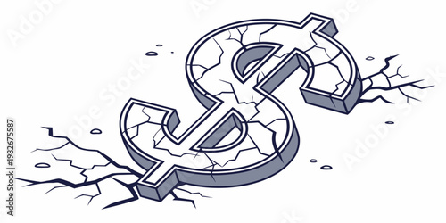 Isometric cracked us dollar currency symbol on a broken surface with three dimensional isometric currency financial business recession bankrupt investment inflation economic isolated