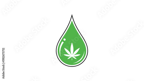 Stylized green liquid drop containing a white cannabis leaf silhouette is isolated on a clean white background.