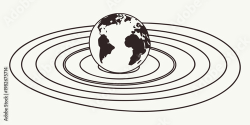 Graphic illustration of a world globe centered among smooth concentric orbital rings with geometry geography international astronomy abstract minimalist illustration structure dimension