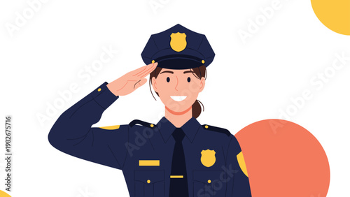 Smiling female police officer in a formal dark blue uniform and cap performs a respectful salute against a white and orange background.