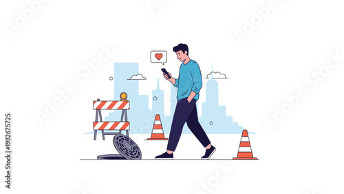 Preoccupied man walking while staring at his smartphone is about to step into an open manhole on a busy city construction street.