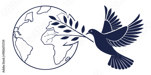 Peace dove silhouette flying with an olive branch in front of a global world map outline international silhouette diplomacy illustration isolated minimalist environmental cooperation