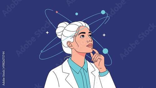 Pensive female scientist in a white coat looks upward while atomic orbits and celestial bodies swirl around her head against a dark blue background.