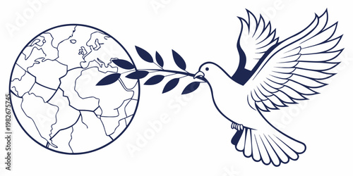 Flying dove carrying an olive branch above a world map globe graphic with international background illustration silhouette cooperation diplomacy environment isolated nonviolence