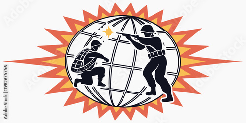 Soldiers in combat over a globe with a stylized explosion background soldiers explosion military conflict violence illustration background hostility international isolated outbreak